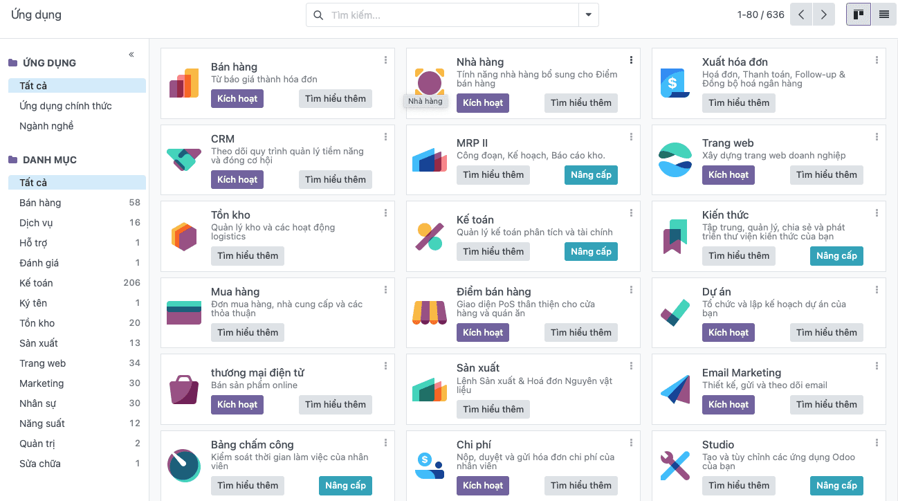 Odoo app list: activate sales, inventory, accounting, manufacturing, project and more as needed (Vietnamese UI)