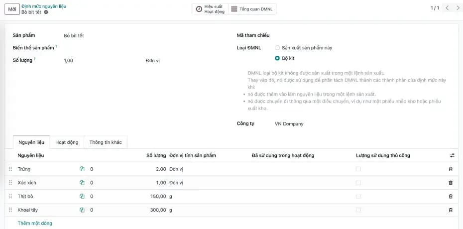 Màn hình định mức nguyên liệu (BOM) trên Odoo: nguyên liệu và số lượng cho mỗi thành phẩm
