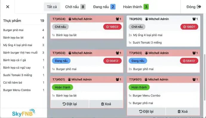 Màn hình bếp hiển thị các món cần chế biến theo thứ tự