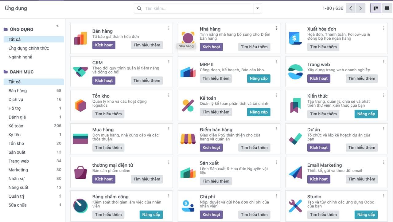 Màn hình danh sách ứng dụng Odoo ERP: bán hàng, kế toán, tồn kho, sản xuất, CRM