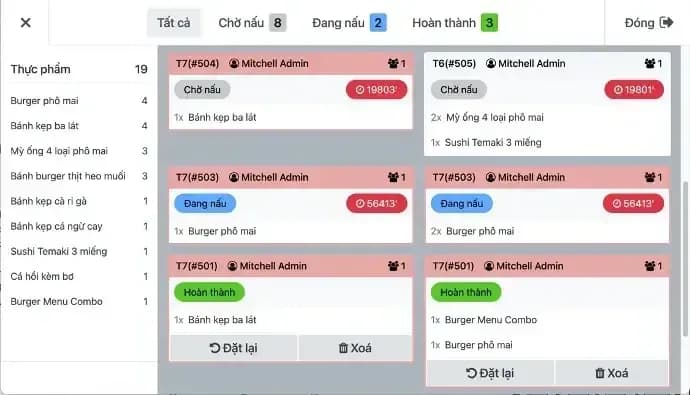 Màn hình bếp hiển thị các món cần chế biến theo thứ tự