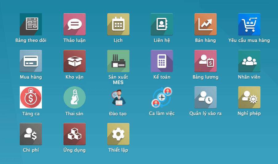 Menu ứng dụng Odoo với phân hệ Sản xuất MES bên cạnh bán hàng, kho vận, kế toán, nhân sự